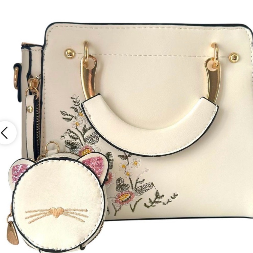 Cream Floral Embroidered Structured Satchel Crossbody Bag Cat Coin Purse Charm - Picture 6 of 15